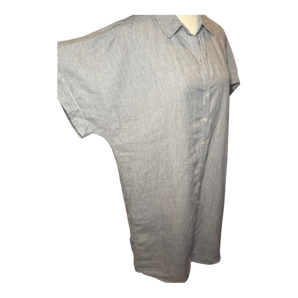 Tahari Railroad Striped Linen ShirtDress Sz L Nautical Blue White Coastal Beach - Picture 7 of 13